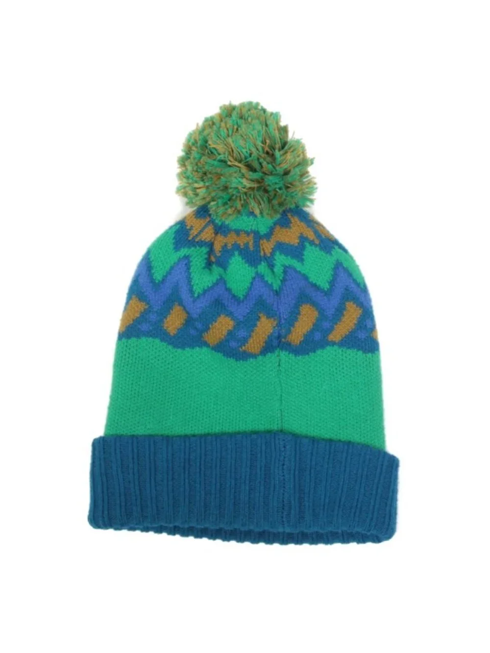 PATAGONIA Youth Blue Green Ochre Zig Zag Pom Ski Hat